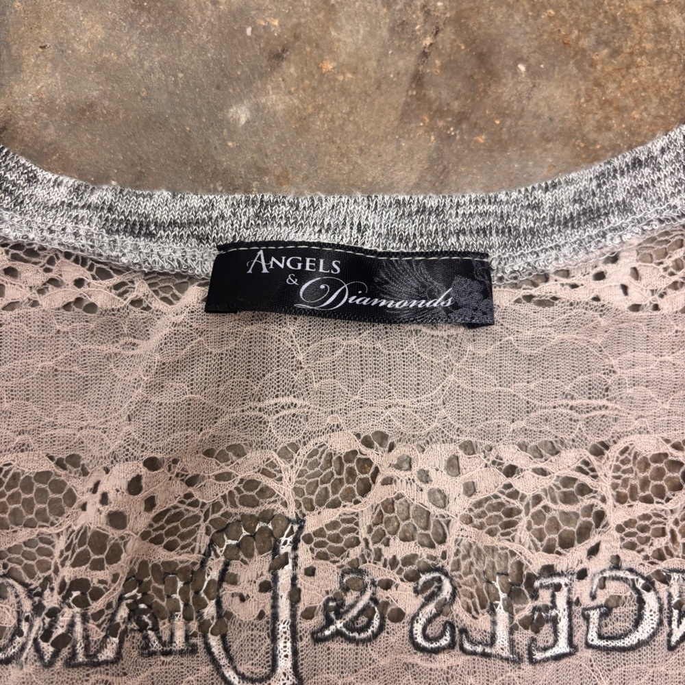 Angels & Diamonds Y2K Winged Cross Rhinestone Top Lace Sleeve Burnout Womens Med - Picture 2 of 9